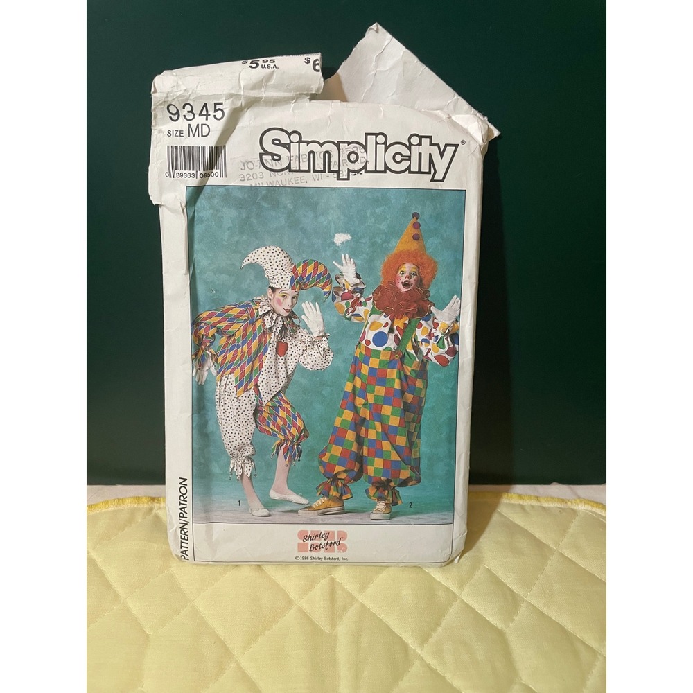 Vintage 1986 Simplicity 9345 Shirley Botsford Jester Clown Costume Pattern MD